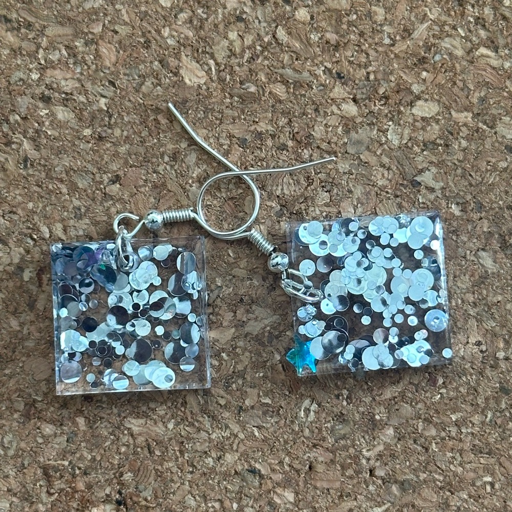 Square Dangle Earrings with Glitter Accents